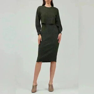 Round neck wide ribbed 2 in 1 sweater dress in dark moss green multiple sizes
